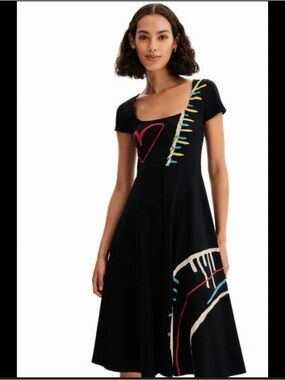 Desigual Short-Sleeve Black Dress with Fun Pattern